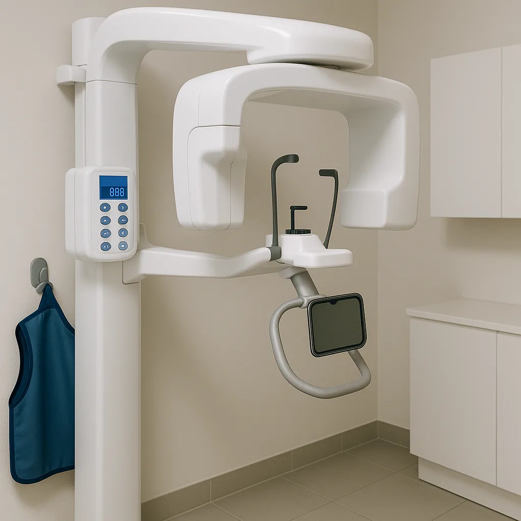 A panoramic dental x-ray machine in a treatment room, with a lead apron hanging beside it
