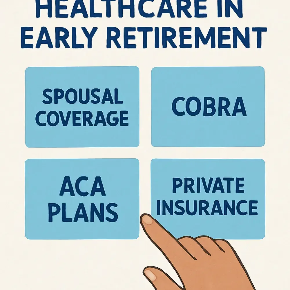 Illustration headed Healthcare in Early Retirement, with four options: spousal coverage, COBRA, ACA plans and private insurance