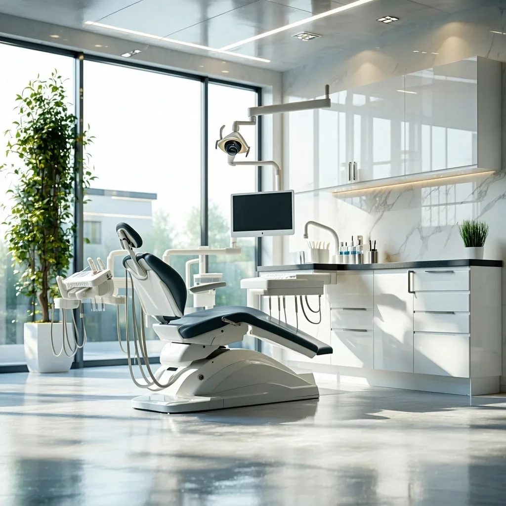 A dental chair, monitor and instrument tray in a bright modern operatory with floor to ceiling windows