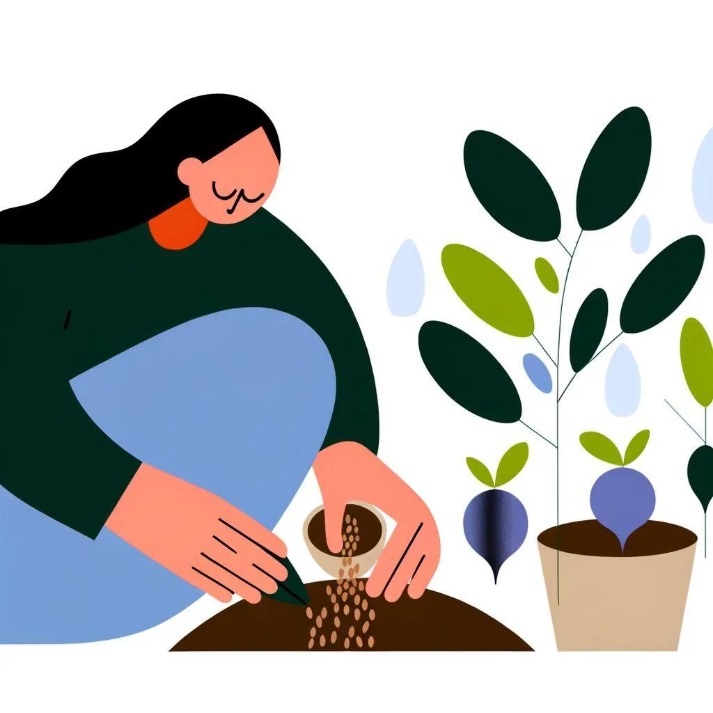 Illustration of a woman planting seeds in soil beside growing plants