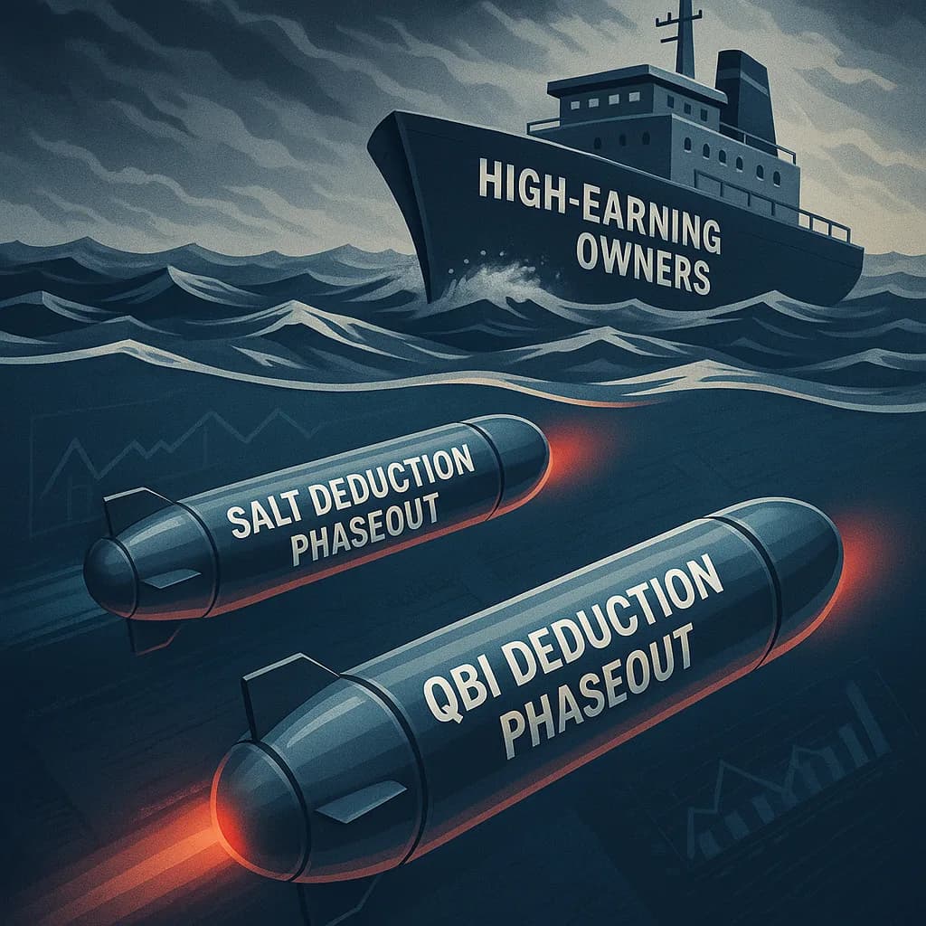 Illustration of two torpedoes labelled SALT deduction phaseout and QBI deduction phaseout heading towards a ship labelled high earning owners