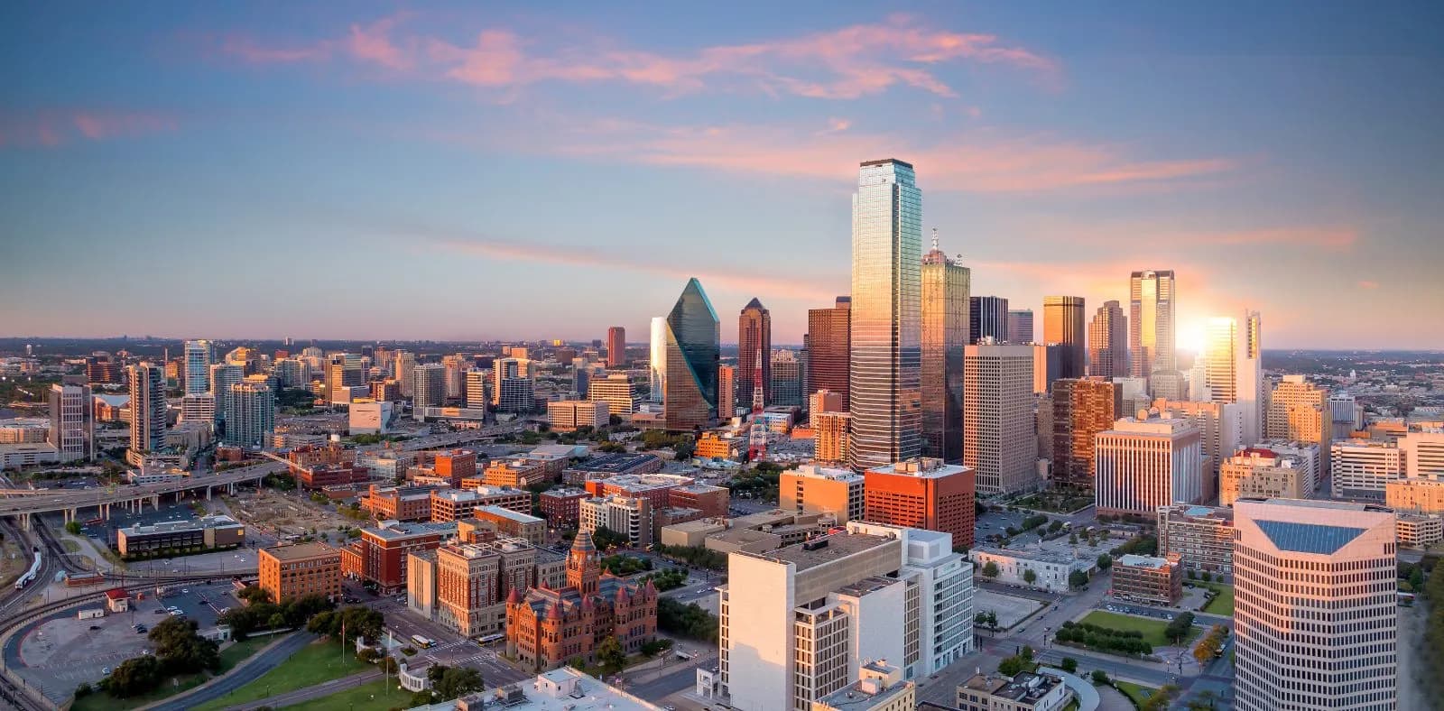 The Dallas skyline at sunset